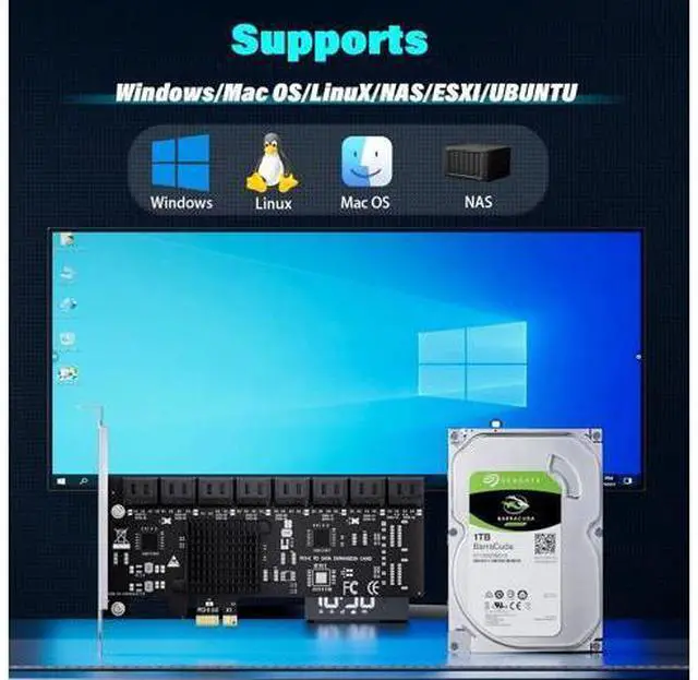 Alt view image 6 of 7 - 16-Port SATA Expansion Card (PCIe 3.0 x1 to 6Gbps SATA Card), Compatible with Windows/Mac/Linux/NAS