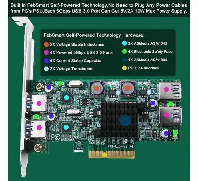 Alt view image 3 of 7 - 4-Ports Superspeed 5Gbps PCIE USB 3.0 Expansion Card for Windows and Linux Desktop PCs, 2X Dedicated 5Gbps Channels 10Gbps Bandwidth, Built in FebSmart Self-Powered Technology (FS-2C-U4-Pro)