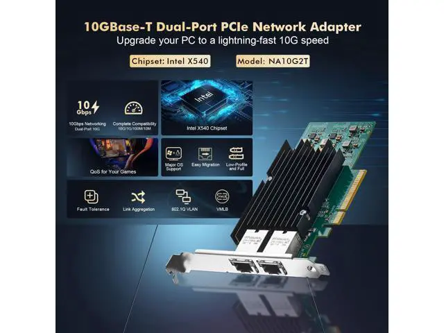 Alt view image 2 of 7 - 2 Port 10G PCIe Network Card, X540 chip LAN Ethernet Controller, 10G/1G/100Mbps RJ45 NIC Adapter for Windows/Linux/VMware