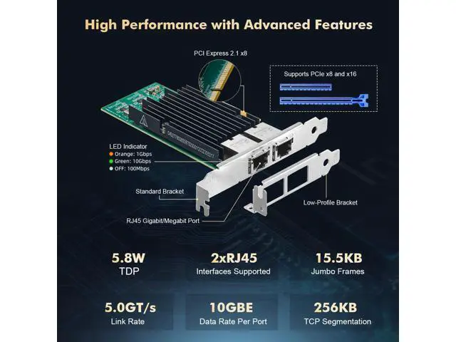 Alt view image 4 of 7 - 2 Port 10G PCIe Network Card, X540 chip LAN Ethernet Controller, 10G/1G/100Mbps RJ45 NIC Adapter for Windows/Linux/VMware