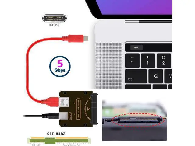 Alt view image 3 of 7 - SFF-8482 SAS 29Pin to Type-C USB-C & USB-A USB 3.0 5Gbps HDD Disk Drive Raid Adapter 5Gbps with Chipset and Power Port (Need 12V/3A Power Supply)