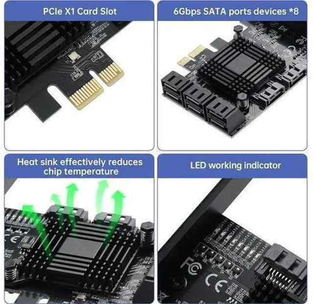 Alt view image 3 of 7 - PCIE 1X SATA Card 8 Ports,with 8 SATA Cables and Low Profile Bracket, PCIE to SATA 3.0 6 Gbps Controller, PCIE to SATA Expansion Card,SATA Controller,SATA PCIE Card,ASM1064+JMB575 Chips