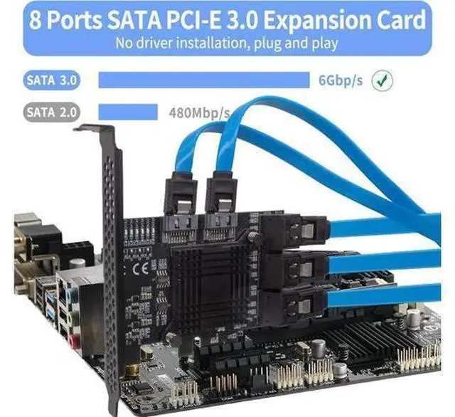 Alt view image 2 of 7 - PCIe 8-Port SATA Controller Card (6 Gbps, Compatible with Windows, MAC, Linux) with 8 SATA Cables and Low Profile Bracket