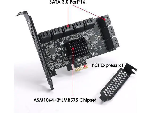 Alt view image 2 of 7 - PCle 16-Port SATA III Controller Expansion Card, 6Gbps X1/X4/X8/X16, Supports 16 SATA Devices with Cables and Low Profile Bracket (ASM1064 Chip)