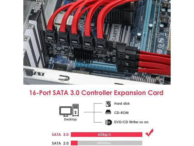 Alt view image 4 of 7 - PCle 16-Port SATA III Controller Expansion Card, 6Gbps X1/X4/X8/X16, Supports 16 SATA Devices with Cables and Low Profile Bracket (ASM1064 Chip)