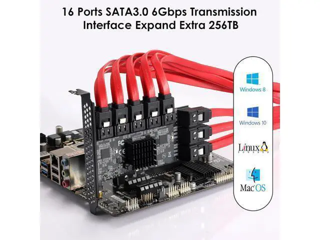 Alt view image 5 of 7 - PCle 16-Port SATA III Controller Expansion Card, 6Gbps X1/X4/X8/X16, Supports 16 SATA Devices with Cables and Low Profile Bracket (ASM1064 Chip)