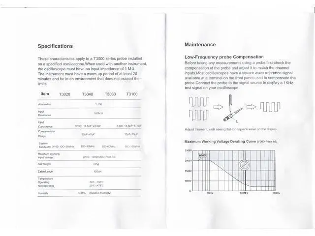 Alt view image 4 of 4 - T3100 High Voltage Probe 100MHz DC Bandwidth 1:100 Attenuation Probe Peak AC Max Working Input Voltage Works with Oscilloscope