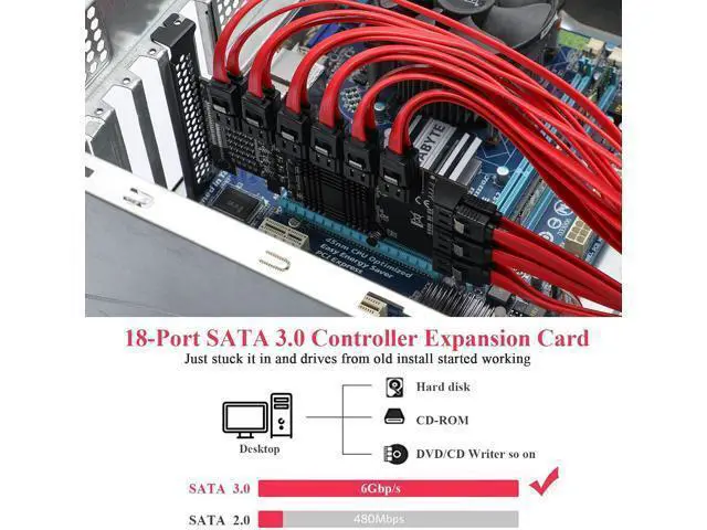 Alt view image 2 of 7 - PCIe SATA Card 18 Port 4X 6Gbps PCIe Card with SATA Cables & Power Cable (ASM1166+575 Chip)