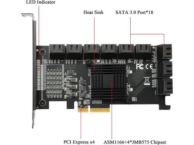 Alt view image 3 of 7 - PCIe SATA Card 18 Port 4X 6Gbps PCIe Card with SATA Cables & Power Cable (ASM1166+575 Chip)