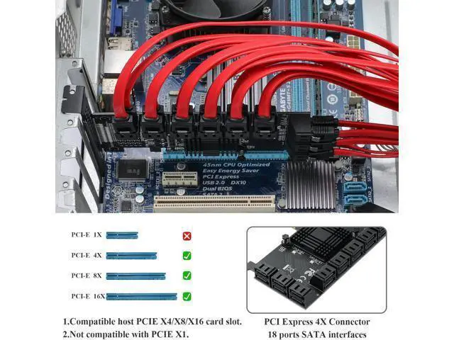 Alt view image 4 of 7 - PCIe SATA Card 18 Port 4X 6Gbps PCIe Card with SATA Cables & Power Cable (ASM1166+575 Chip)