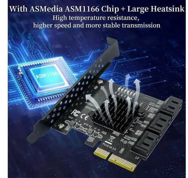 Alt view image 2 of 7 - PCIe SATA Expansion Card 6 Ports 4X with ASM1166 Chip - 6Gbps, Gen 3 Controller Adapter, Non-Raid, with 6 SATA Cables & Low - Profile Bracket, Plug and Play for Windows XP/7/8/10, Linux, MAC OS