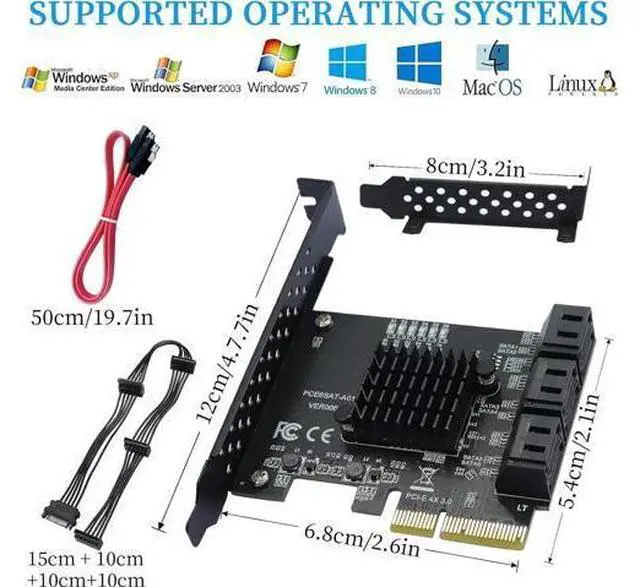 Alt view image 6 of 7 - PCIe SATA Expansion Card 6 Ports 4X with ASM1166 Chip - 6Gbps, Gen 3 Controller Adapter, Non-Raid, with 6 SATA Cables & Low - Profile Bracket, Plug and Play for Windows XP/7/8/10, Linux, MAC OS