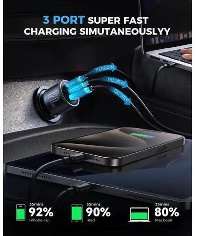 Alt view image 5 of 7 - 120W Super Fast USB C Car Charger + Qi2 3 in 1 Wireless Charging Station