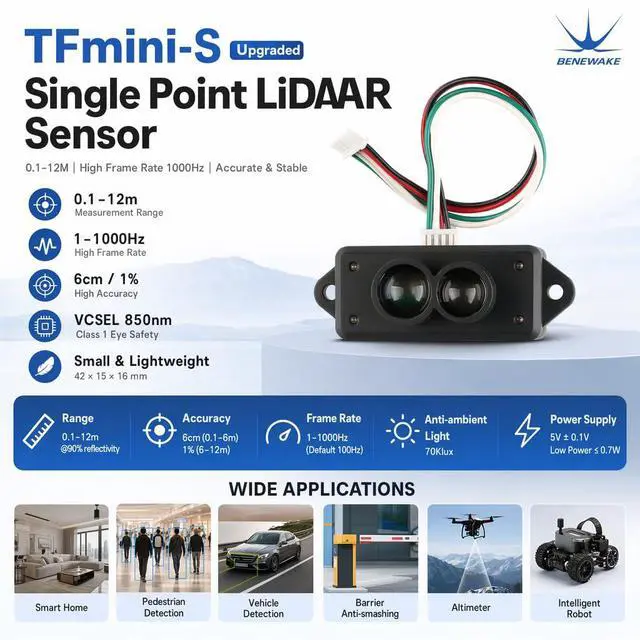Alt view image 2 of 6 - TFmini-S Lidar Sensor 0.1-12M ToF Laser Ranging Sensor Module High Frame Rate 1000Hz Single Point Lidar Ranging Module UART I2C I/O Serial Output for Arduino Raspberry Pi
