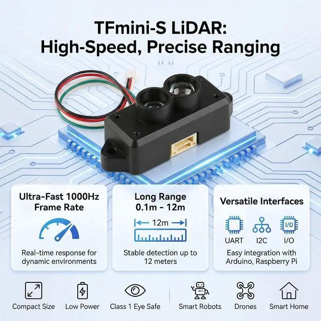 Alt view image 5 of 6 - TFmini-S Lidar Sensor 0.1-12M ToF Laser Ranging Sensor Module High Frame Rate 1000Hz Single Point Lidar Ranging Module UART I2C I/O Serial Output for Arduino Raspberry Pi