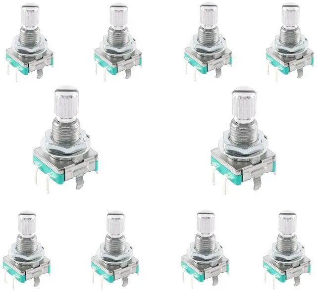 Main image of 10Pcs EC11 Rotary Encoder Switch Digital Potentiometer 15MM with Switch 5 Pins Derrated Shaft with Nut and Washer