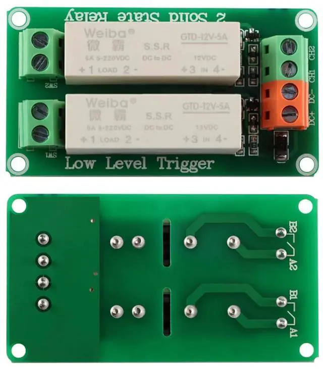 Main image of 12V 2 Channel Solid State Relay Module, Low Level Trigger, 5A DC Control for Raspberry Pi
