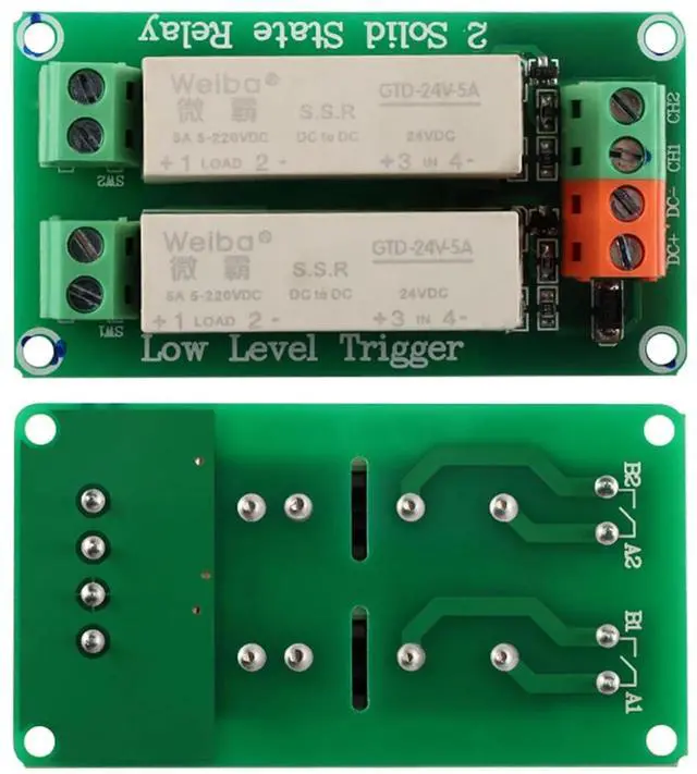 Main image of 24V 2 Channel Solid State Relay Module, Low Level Trigger, 5A DC Control for Raspberry Pi