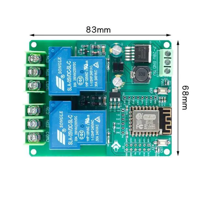 Alt view image 6 of 6 - ESP8266 5V 30A Relay Module, 2 Channel ESP-12F Development Board for Smart Home IoT, DC7-80V Power Supply