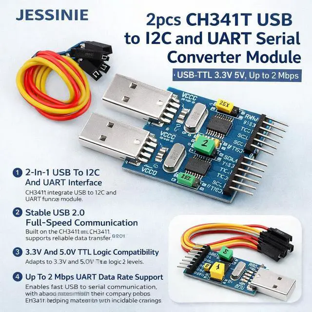 Alt view image 3 of 6 - 2pcs CH341T USB to I2C and UART Serial Converter Module, USBTTL 3.3 V 5 V, Up to 2 Mbps