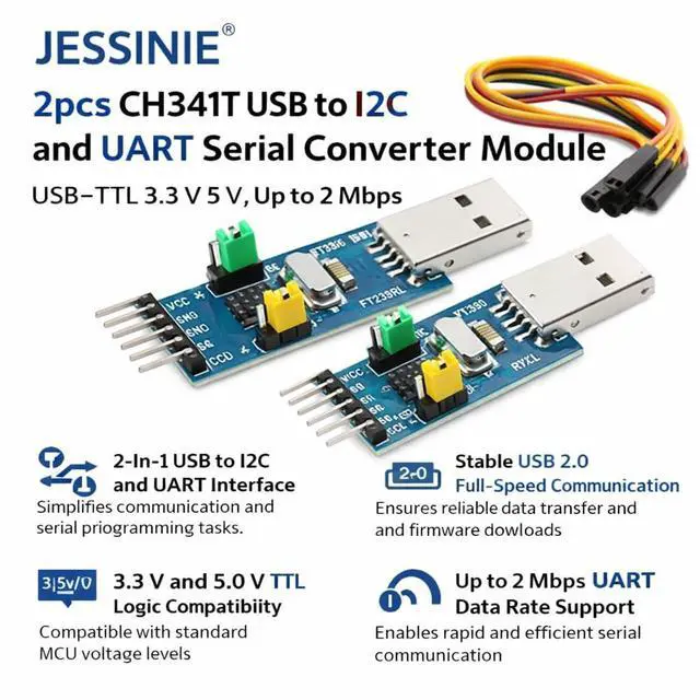 Alt view image 6 of 6 - 2pcs CH341T USB to I2C and UART Serial Converter Module, USBTTL 3.3 V 5 V, Up to 2 Mbps