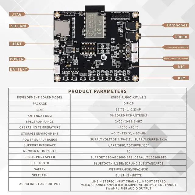 Alt view image 3 of 6 - ESP32 Aduio Kit ESP32 WiFi Bluetooth Module ESP32-A1S Module Audio Development Board BLE Low Power Dual-core 64Mb Serial Adapter Port to WiFi Board