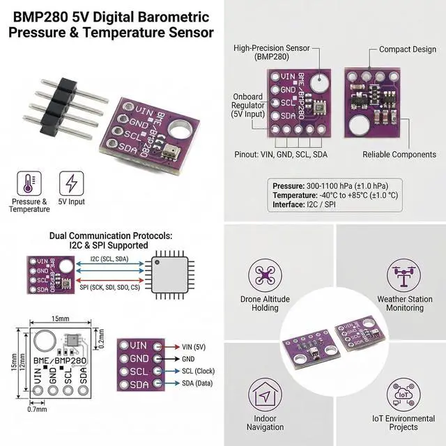 Alt view image 2 of 6 - 6pcs BMP280 Digital Barometric Pressure and Temperature Sensor Module, 5 V Input, I2C SPI Interface