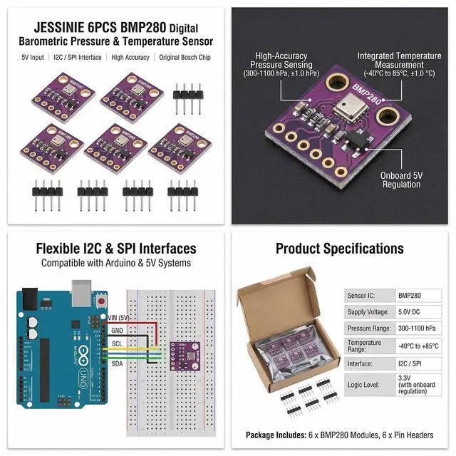 Alt view image 4 of 6 - 6pcs BMP280 Digital Barometric Pressure and Temperature Sensor Module, 5 V Input, I2C SPI Interface