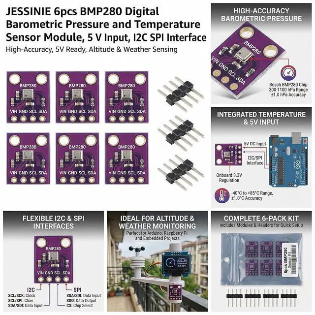 Alt view image 3 of 6 - 6pcs BMP280 Digital Barometric Pressure and Temperature Sensor Module, 5 V Input, I2C SPI Interface