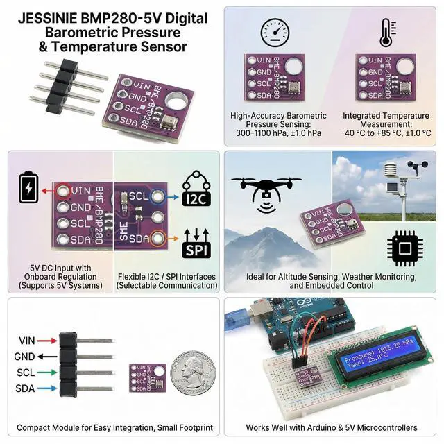 Alt view image 5 of 6 - 6pcs BMP280 Digital Barometric Pressure and Temperature Sensor Module, 5 V Input, I2C SPI Interface