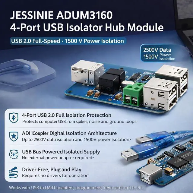 Alt view image 2 of 6 - ADUM3160 4Port USB Isolator Hub Module, USB 2.0 FullSpeed, 1500 V Power Isolation