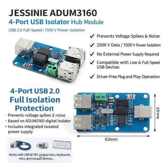 Alt view image 3 of 6 - ADUM3160 4Port USB Isolator Hub Module, USB 2.0 FullSpeed, 1500 V Power Isolation