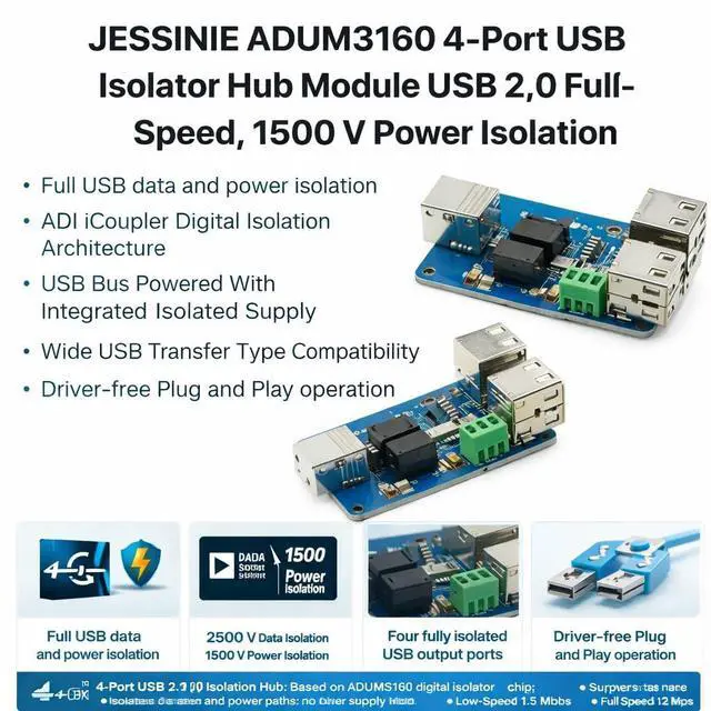 Alt view image 5 of 6 - ADUM3160 4Port USB Isolator Hub Module, USB 2.0 FullSpeed, 1500 V Power Isolation