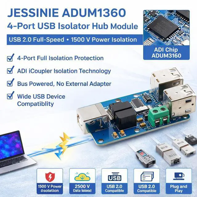 Alt view image 4 of 6 - ADUM3160 4Port USB Isolator Hub Module, USB 2.0 FullSpeed, 1500 V Power Isolation