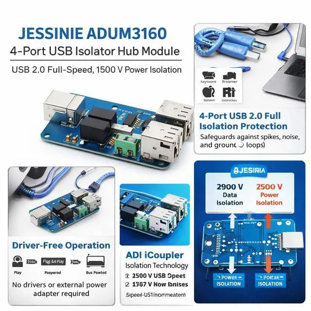 Alt view image 6 of 6 - ADUM3160 4Port USB Isolator Hub Module, USB 2.0 FullSpeed, 1500 V Power Isolation