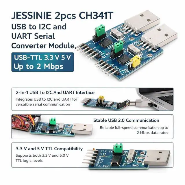 Alt view image 4 of 6 - 2pcs CH341T USB to I2C and UART Serial Converter Module, USBTTL 3.3 V 5 V, Up to 2 Mbps