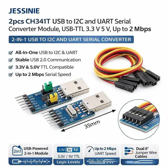 Alt view image 5 of 6 - 2pcs CH341T USB to I2C and UART Serial Converter Module, USBTTL 3.3 V 5 V, Up to 2 Mbps