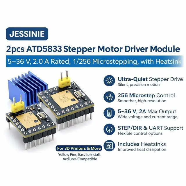 Alt view image 2 of 6 - 2pcs ATD5833 Stepper Motor Driver Module, 536 V, 2.0 A Rated, 1/256 Microstepping, with Heatsink