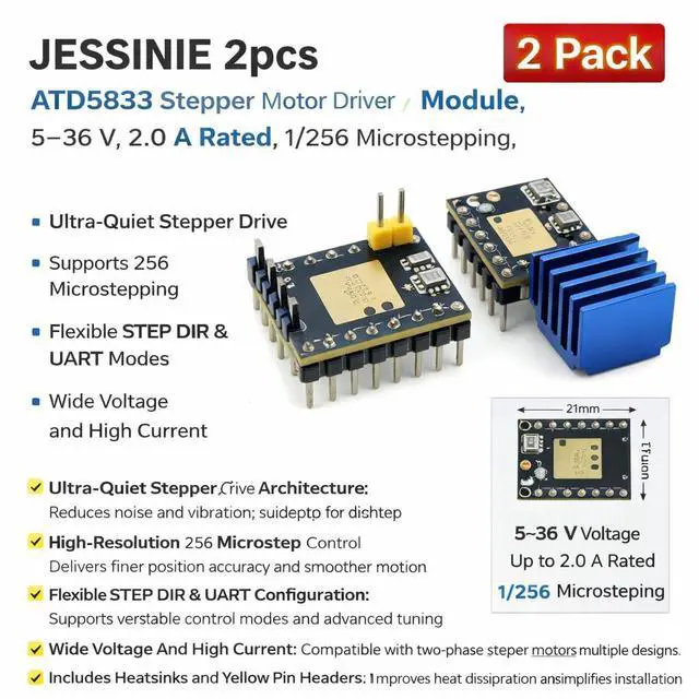 Alt view image 4 of 6 - 2pcs ATD5833 Stepper Motor Driver Module, 536 V, 2.0 A Rated, 1/256 Microstepping, with Heatsink