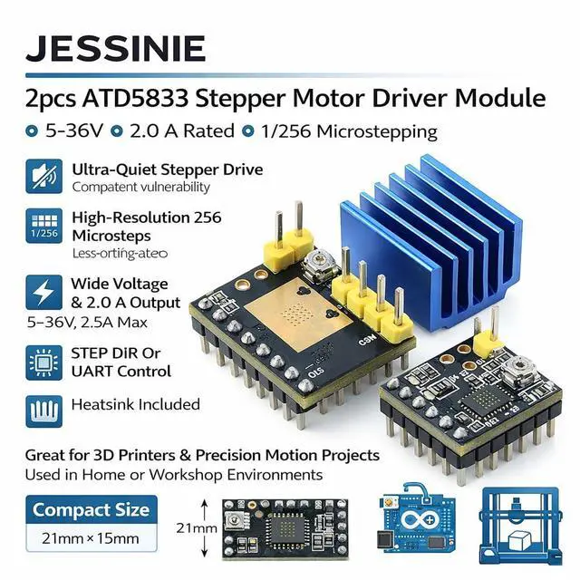 Alt view image 5 of 6 - 2pcs ATD5833 Stepper Motor Driver Module, 536 V, 2.0 A Rated, 1/256 Microstepping, with Heatsink
