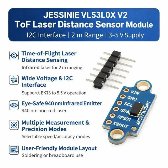 Alt view image 2 of 6 - VL53L0X V2 ToF Laser Distance Sensor Module, I2C Interface, 2 m Range, 35 V Supply