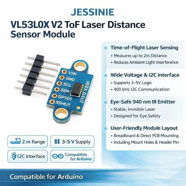 Alt view image 3 of 6 - VL53L0X V2 ToF Laser Distance Sensor Module, I2C Interface, 2 m Range, 35 V Supply