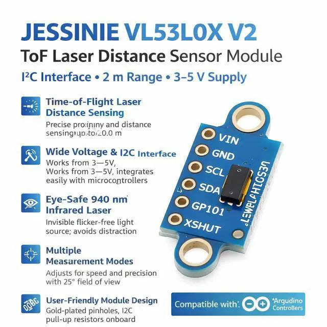 Alt view image 4 of 6 - VL53L0X V2 ToF Laser Distance Sensor Module, I2C Interface, 2 m Range, 35 V Supply