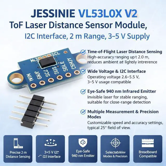 Alt view image 5 of 6 - VL53L0X V2 ToF Laser Distance Sensor Module, I2C Interface, 2 m Range, 35 V Supply