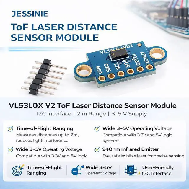 Alt view image 6 of 6 - VL53L0X V2 ToF Laser Distance Sensor Module, I2C Interface, 2 m Range, 35 V Supply
