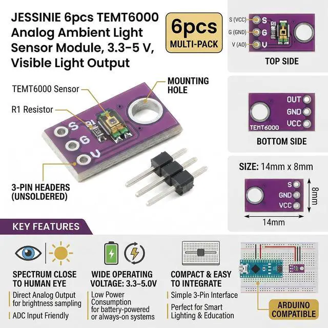 Alt view image 3 of 4 - 6pcs TEMT6000 Analog Ambient Light Sensor Module, 3.35 V, Visible Light Output