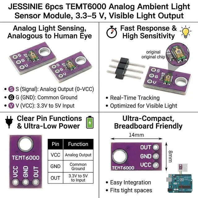 Alt view image 4 of 4 - 6pcs TEMT6000 Analog Ambient Light Sensor Module, 3.35 V, Visible Light Output