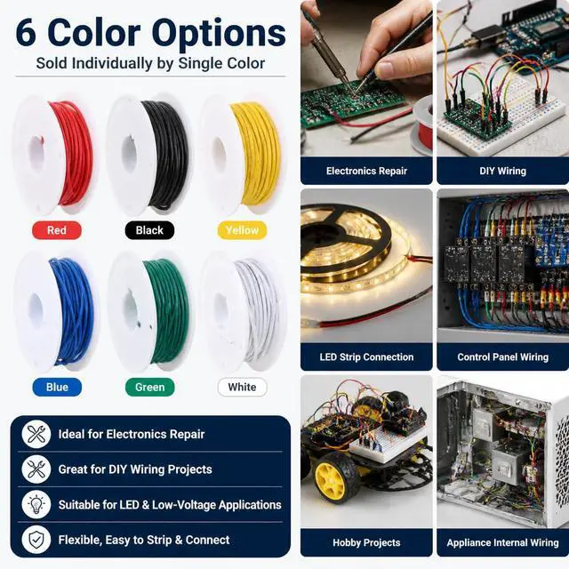 Alt view image 7 of 7 - 24AWG PVC Wire 20m/66ft Yellow, 1007 Tinned Copper Hookup Wire, 300V 80°C Electronic Cable for PCB Jumper, DIY, RC Projects