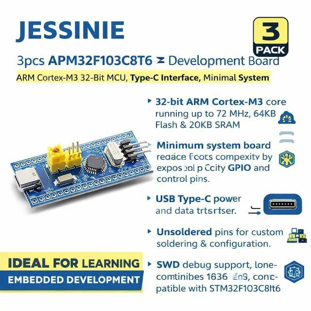 Alt view image 3 of 6 - 3pcs APM32F103C8T6 Development Board, ARM CortexM3 32Bit MCU, TypeC Interface, Minimal System