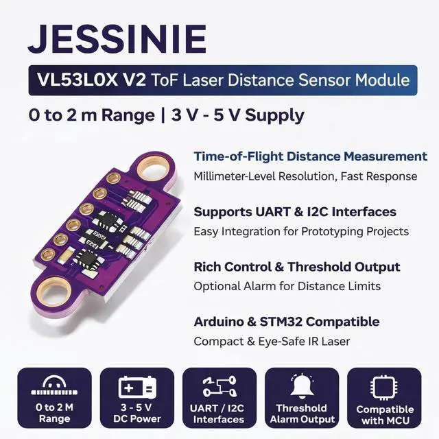Alt view image 4 of 7 - VL53L0X V2 ToF Laser Distance Sensor Module, 0 to 2 m Range, 3 V 5 V Supply